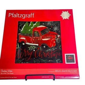 Pfaltzgraff Christmas Glass Platter Featuring a Red Pickup Truck & Xmas Tree NWT